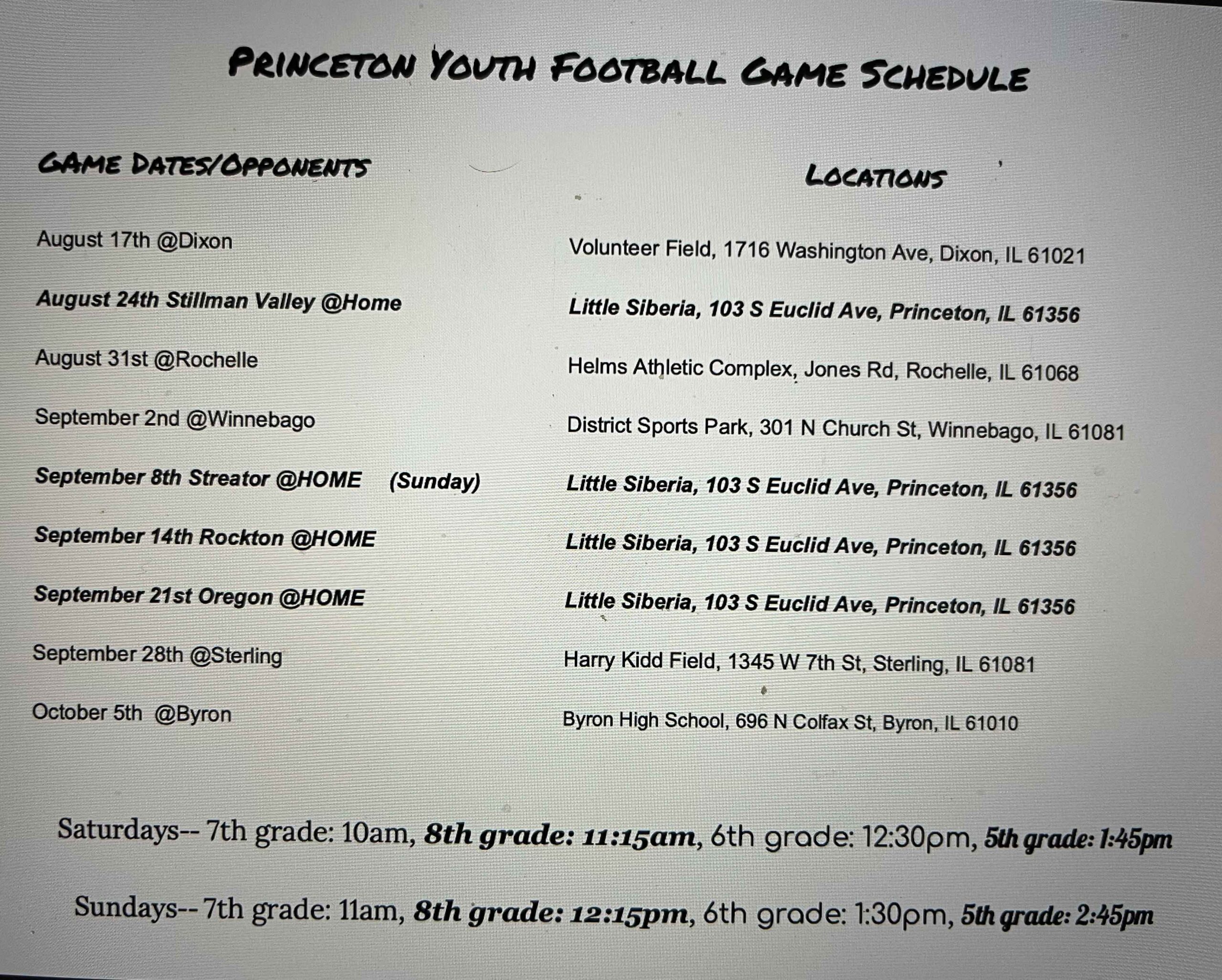 Schedules Princeton Youth Football League Princeton, IL